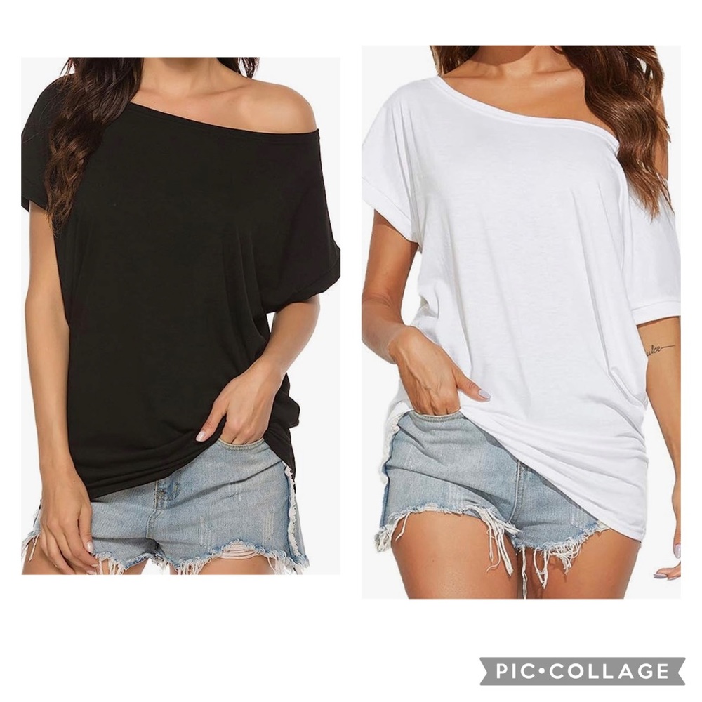 2 Poetsky Women's Off Shoulder Tops Casual Loose Shirt Batwing Sleeve oversized